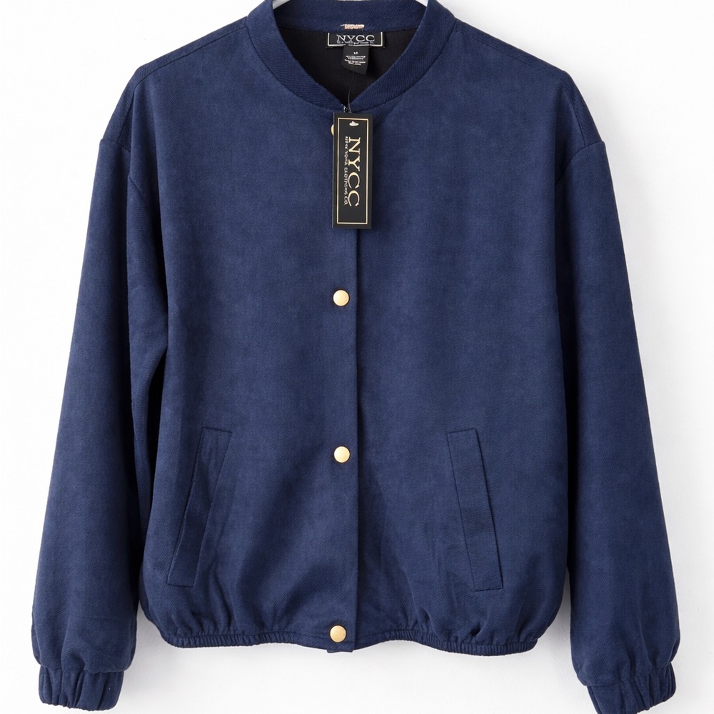 NYCC Women’s Navy Blue Faux Suede Bomber Jacket Gold Snap Buttons Pockets Size M